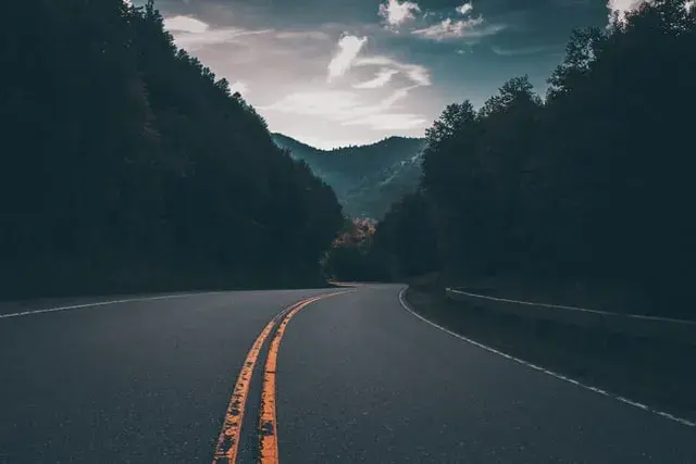 Scenic View of Winding Road in Tree Filled Mountains